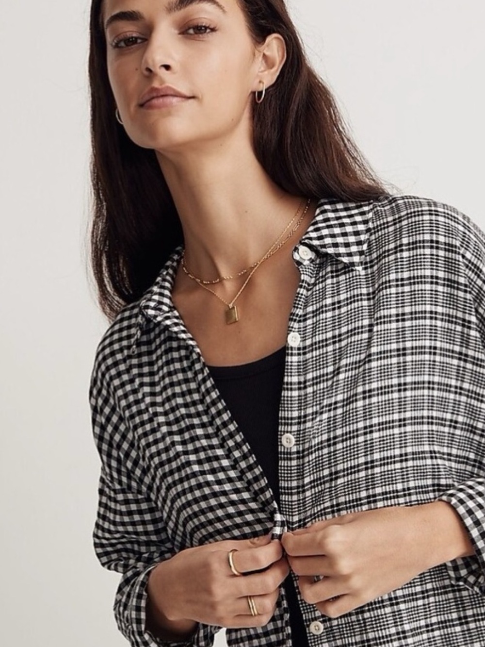 Madewell NWT Black & White Mixed Plaid Flannel Crop Long Sleeve Shirt Size XS
